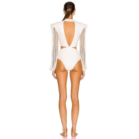 PatBO Plunge Netted Sleeve Swimsuit in White - Picture 3 of 3